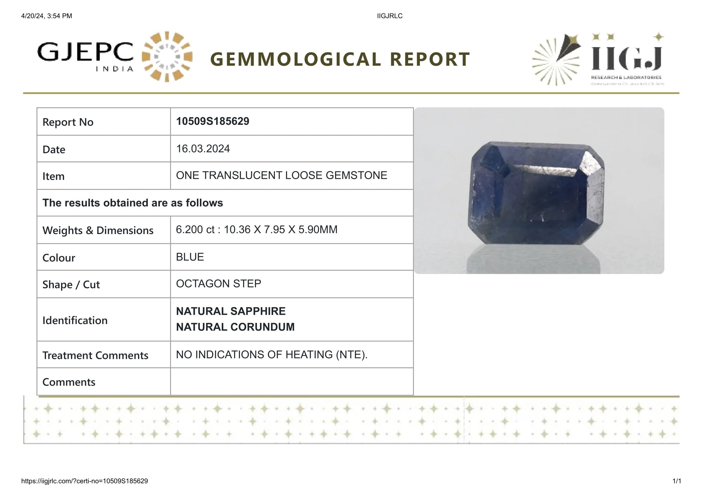 Natural Blue Sapphire (Neelam) 6.20 Carats