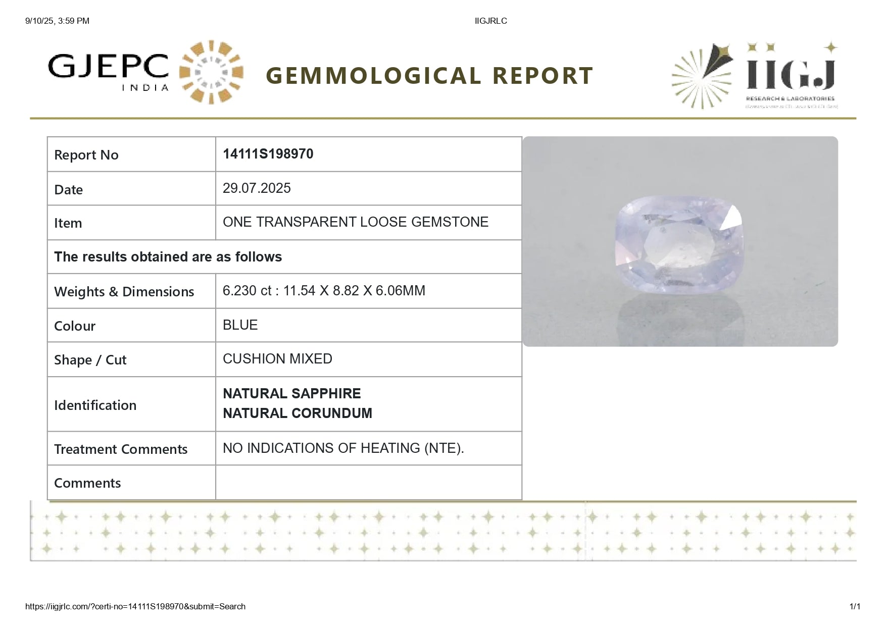 Natural Blue Sapphire (Neelam) 6.23 Caras