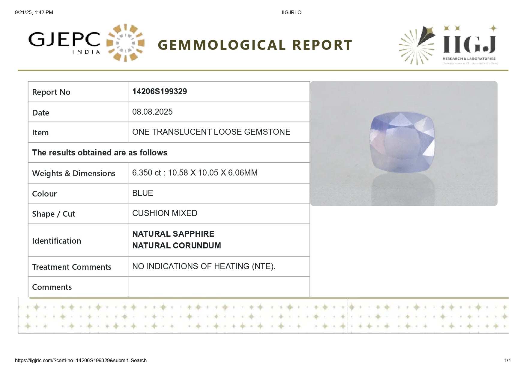 Natural Blue Sapphire (Neelam) 6.35 Carats
