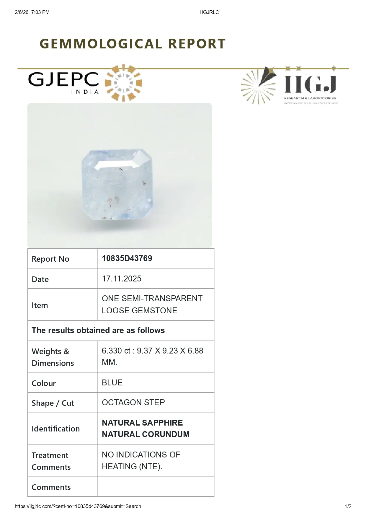 Natural Blue Sapphire (Neelam) 6.33 Carats