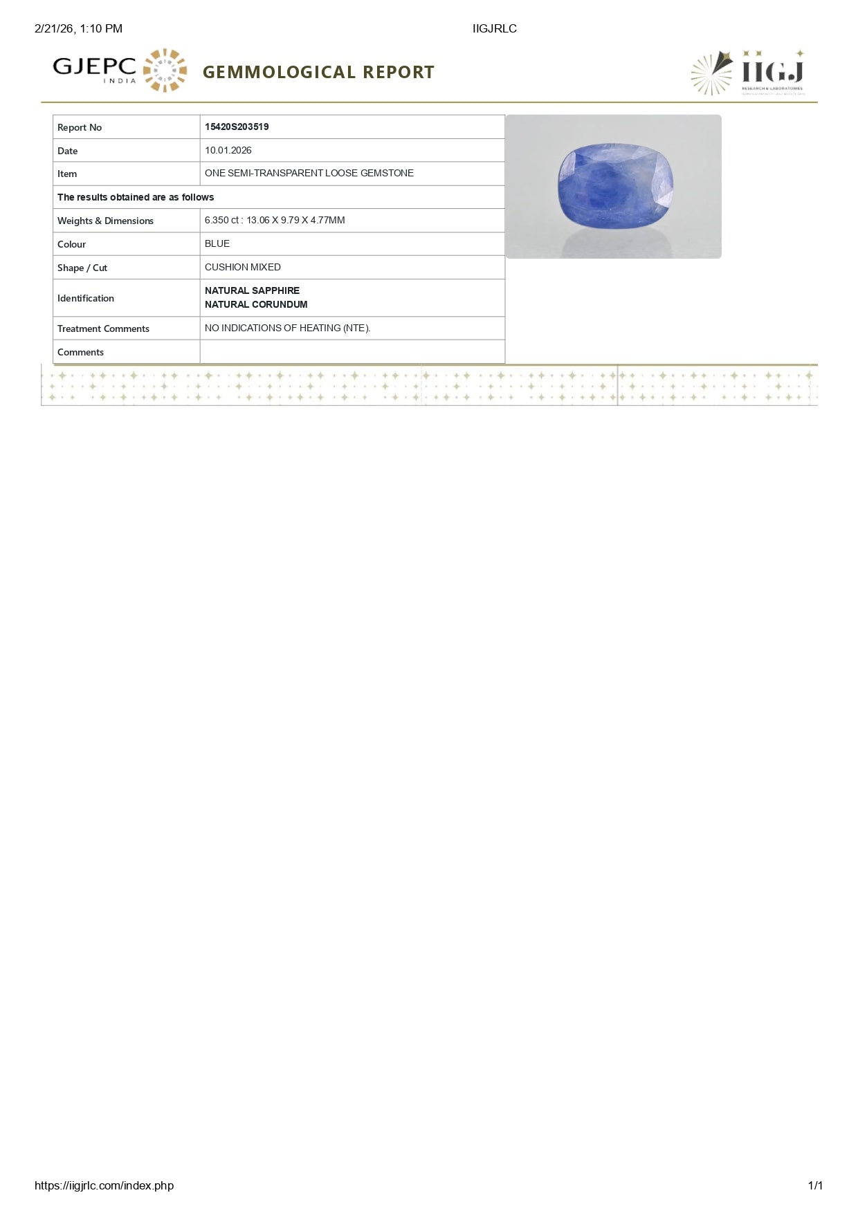 Natural Blue Sapphire (Neelam) 6.35 Carats