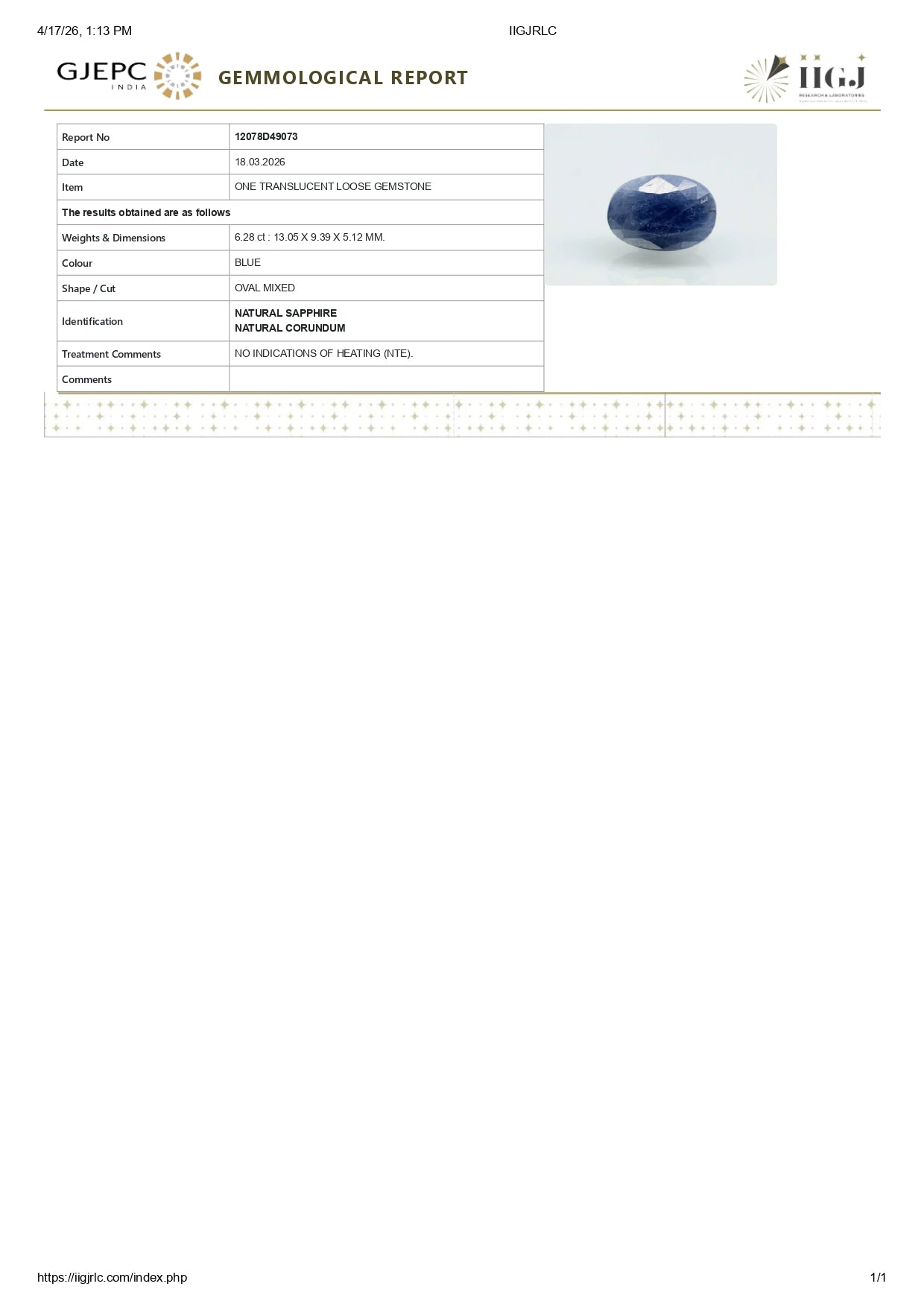 Natural Blue Sapphire (Neelam) 6.28 Carats