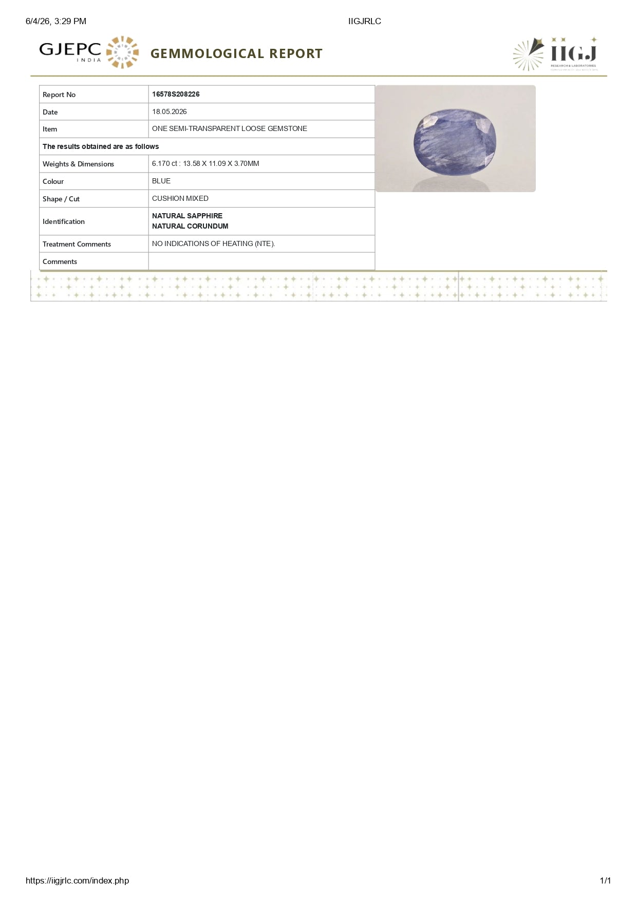 Natural Blue Sapphire (Neelam) 6.17 Carats