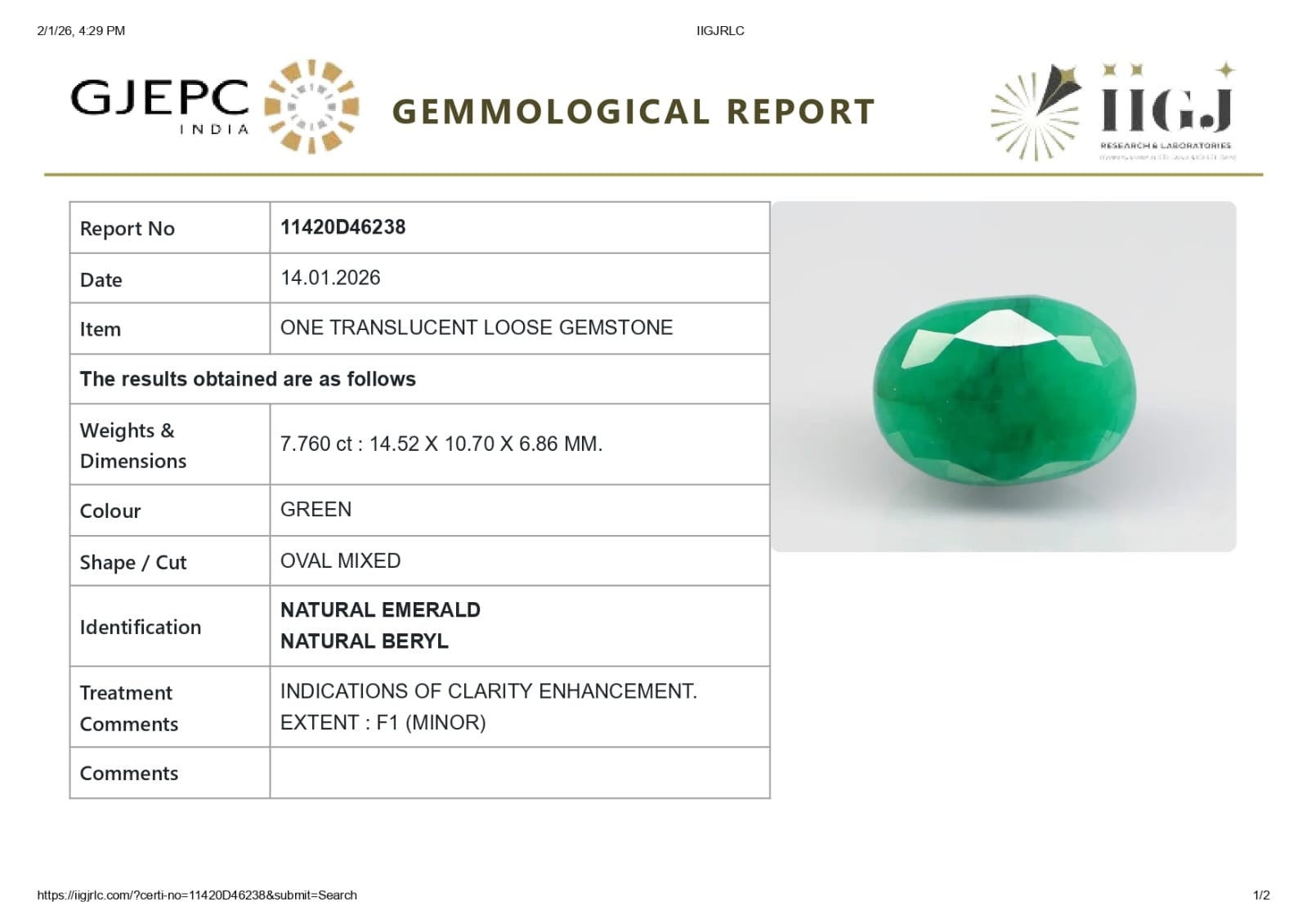 Natural Zambian Emerald (Panna) 7.76 Carats