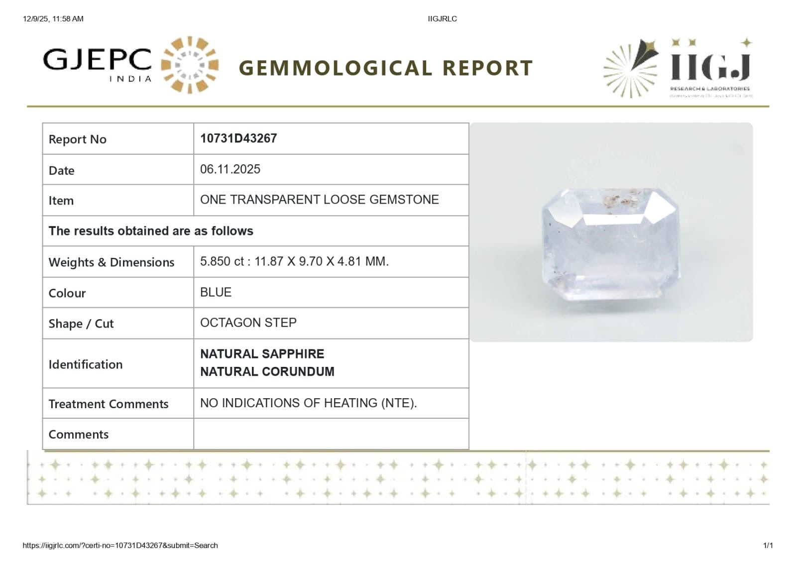 Natural Blue sapphire ( Neelam ) 5.85 Carats (Sri Lanka Origin)