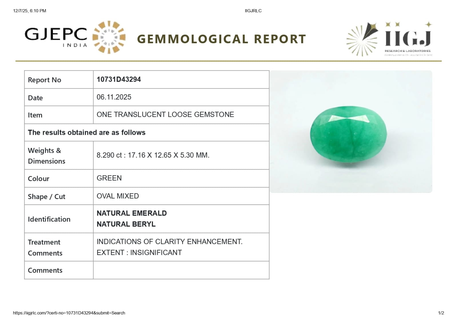 Natural Zambian Emerald ( Panna ) 8.29 Carats