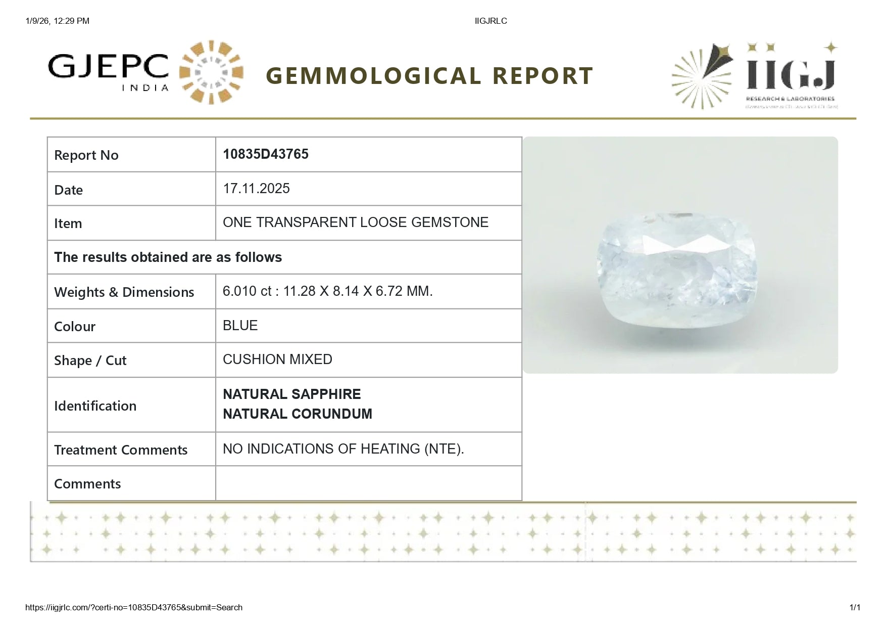 Natural Blue Sapphire (Neelam) 6.01 Carats