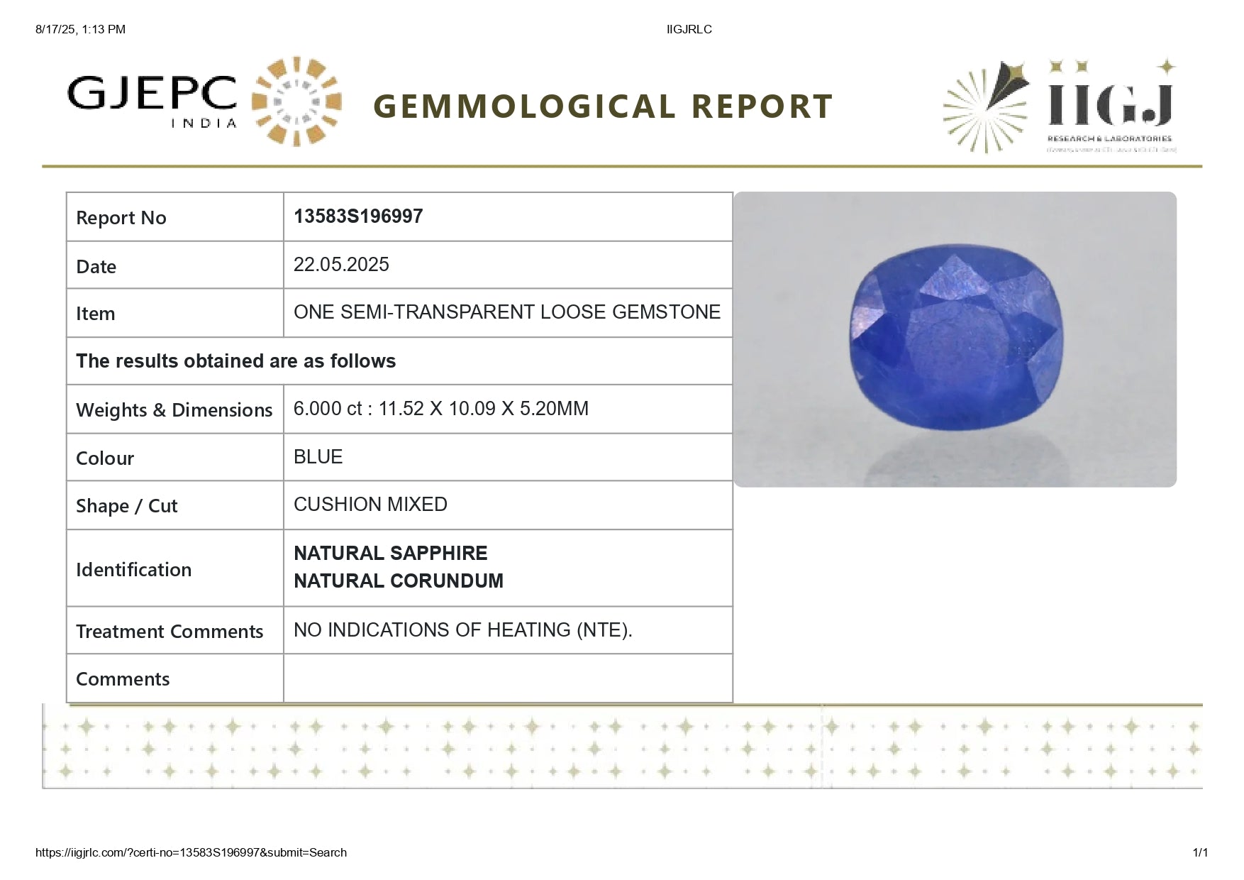 Natural Blue Sapphire (Neelam) 6.00 Carats