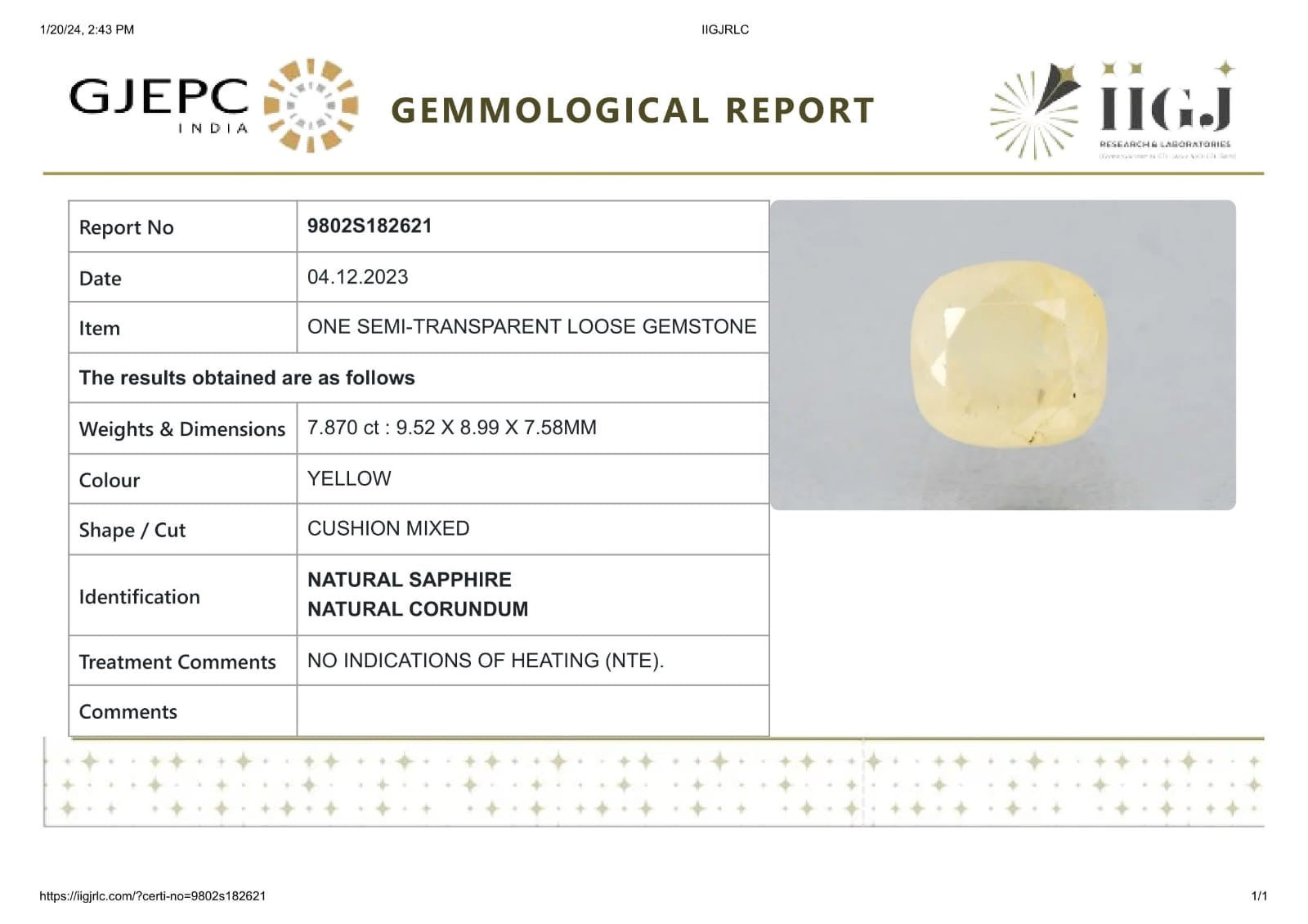 Natural yellow sapphire ( pukhraj )  7.870  Carat (Sri Lanka Origin)
