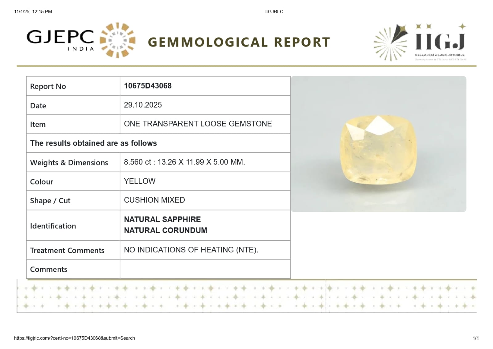 Natural yellow sapphire ( pukhraj )  8.56 Carat ( Sri Lanka Origin )