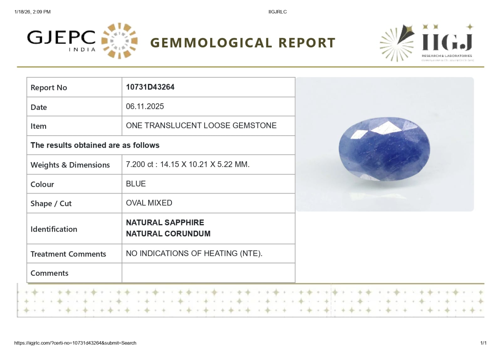 Natural Blue sapphire ( Neelam ) 7.20 Carat ( Sri Lanka Origin )