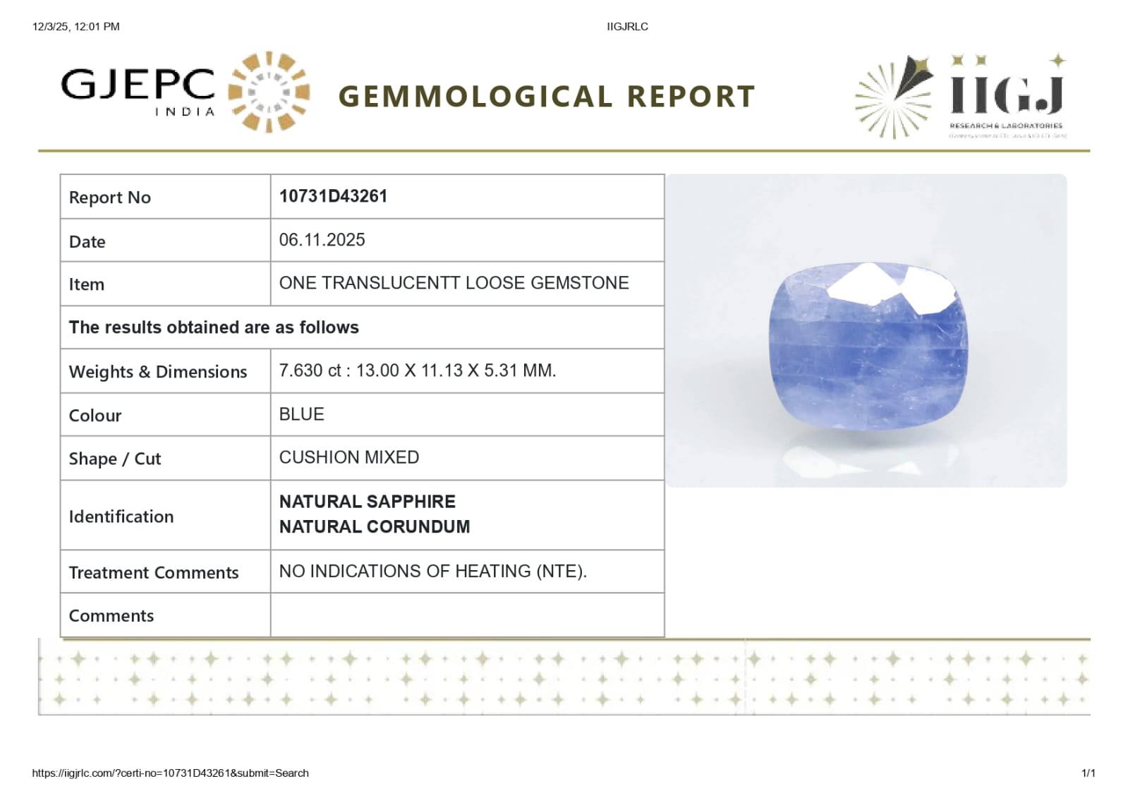 Natural Blue sapphire ( Neelam ) 7.63 Carat ( Sri Lanka Origin )