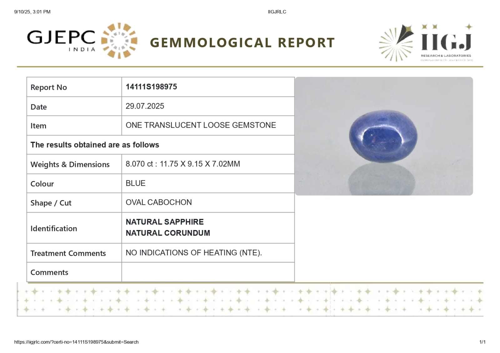 Natural Blue sapphire ( Neelam ) 8.07 Carat ( Sri Lanka Origin )