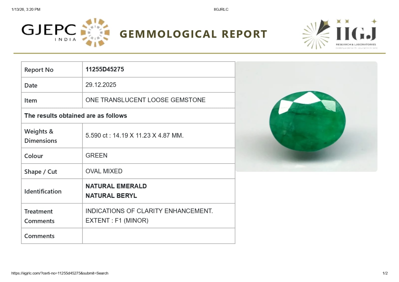 Natural Zambian Emerald ( Panna ) 5.59 Carats