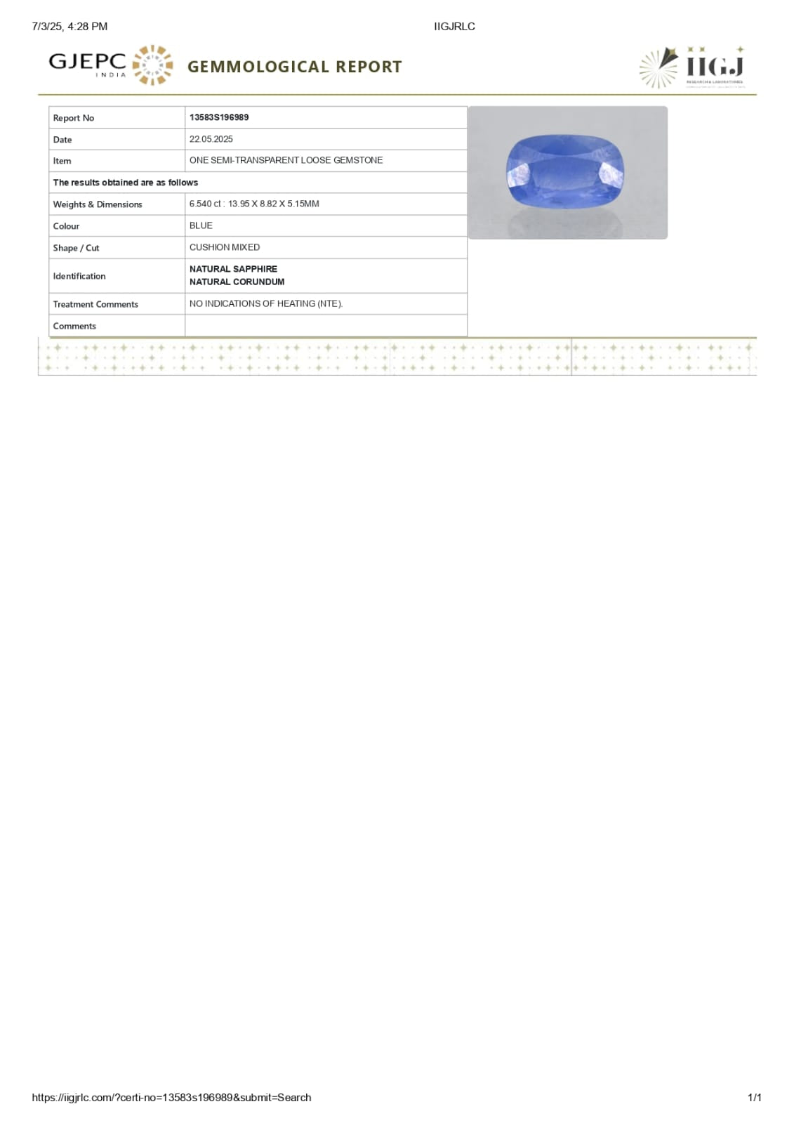Natural Blue sapphire ( Neelam ) 6.54 Carat (Sri Lanka Origin)