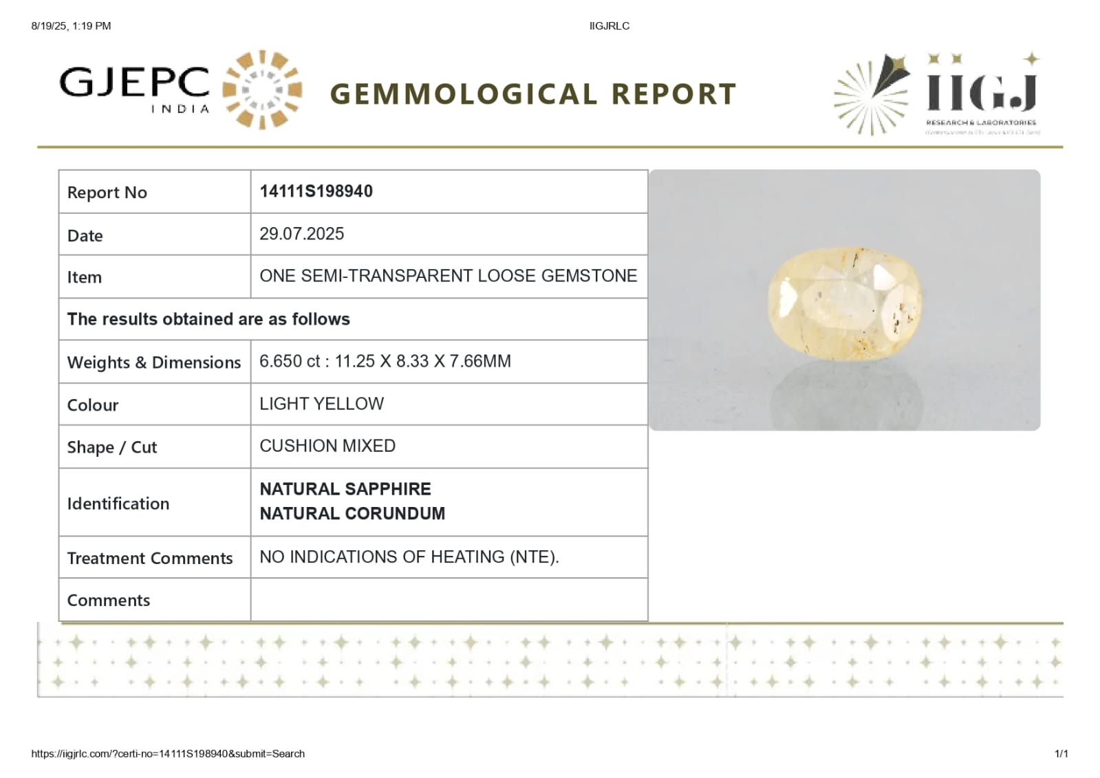 Natural yellow sapphire ( pukhraj )  6.65 Carat ( Sri Lanka Origin )i