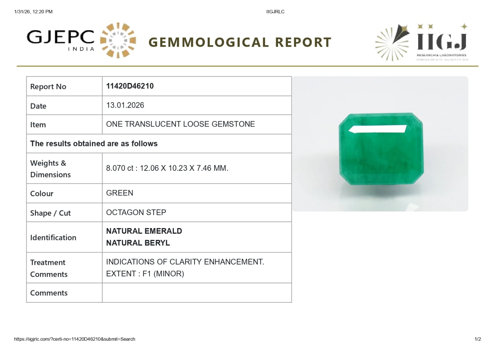 Natural Zambian Emerald (Panna) 8.07 Carats