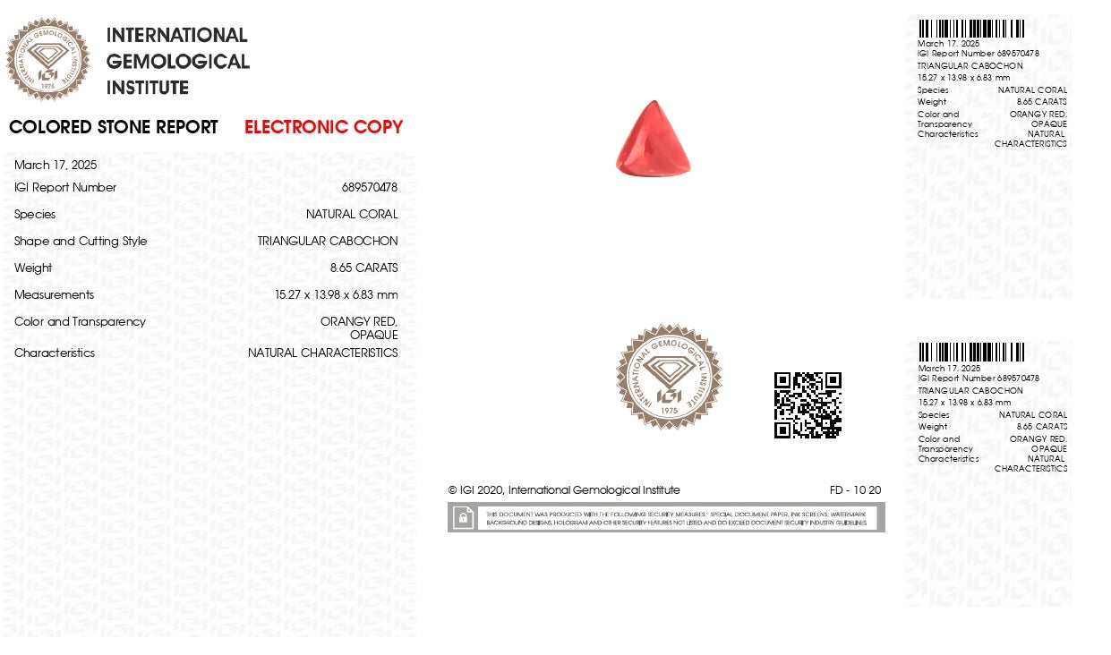 Natural Italian Triangle Red Coral ( Moonga ) 8.65 Carats