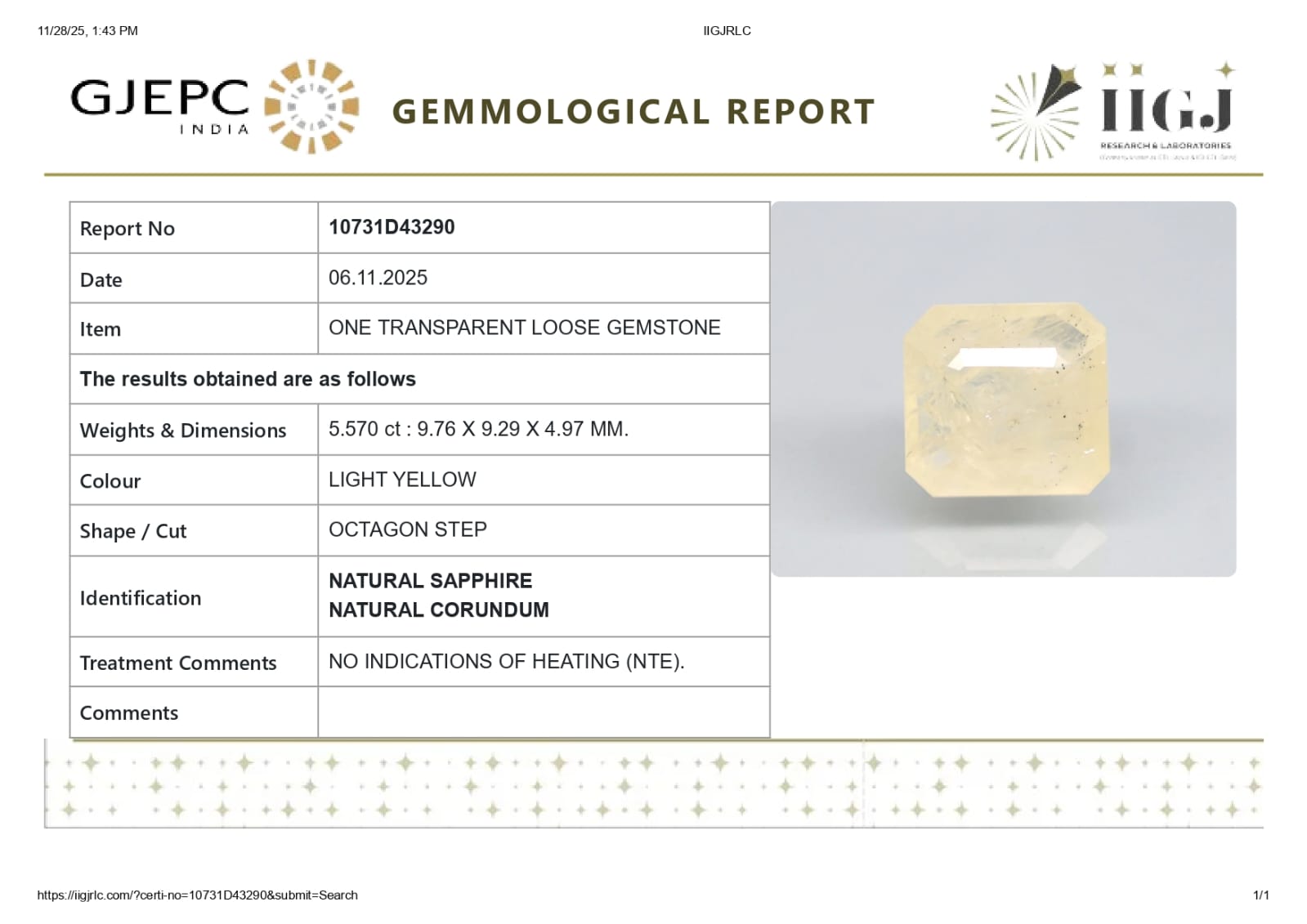 Natural yellow sapphire ( pukhraj)  5.57 Carat ( Sri Lanka Origin )in